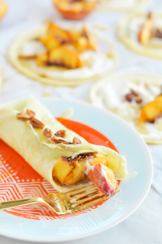 Crepes with Brown Sugar Grilled Peaches & Maple Cream