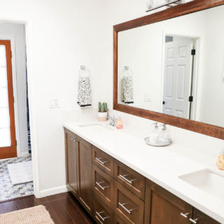 Guest bathroom renovation using Home Depot products, such as Behr Marquee in WHITE paint, Delta Silverton centerset faucets in chrome, Laurey polished chrome cabinet pulls, and a Futura 4-piece bathroom set.