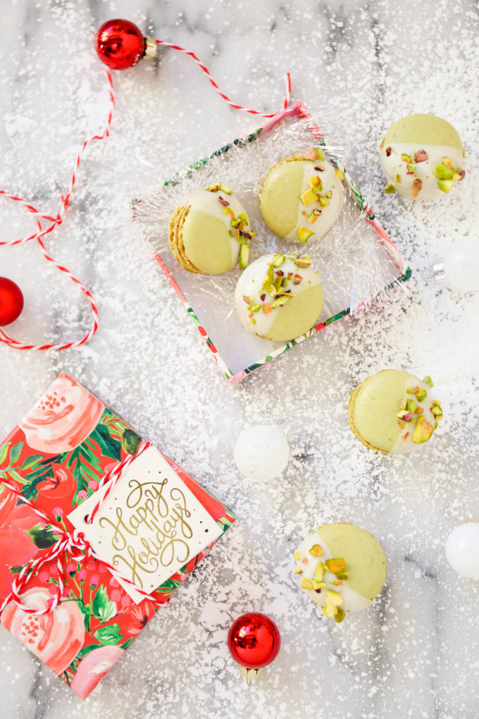 pistachio macarons on a christmas scene