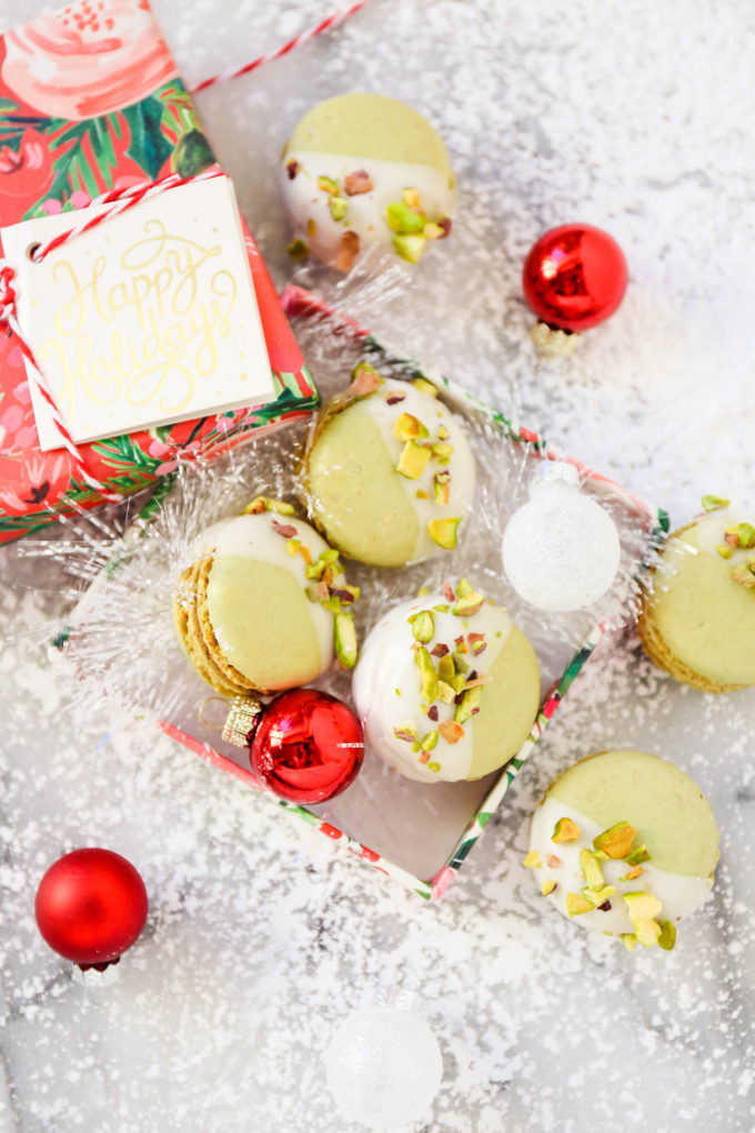 pistachio macarons on a christmas scene