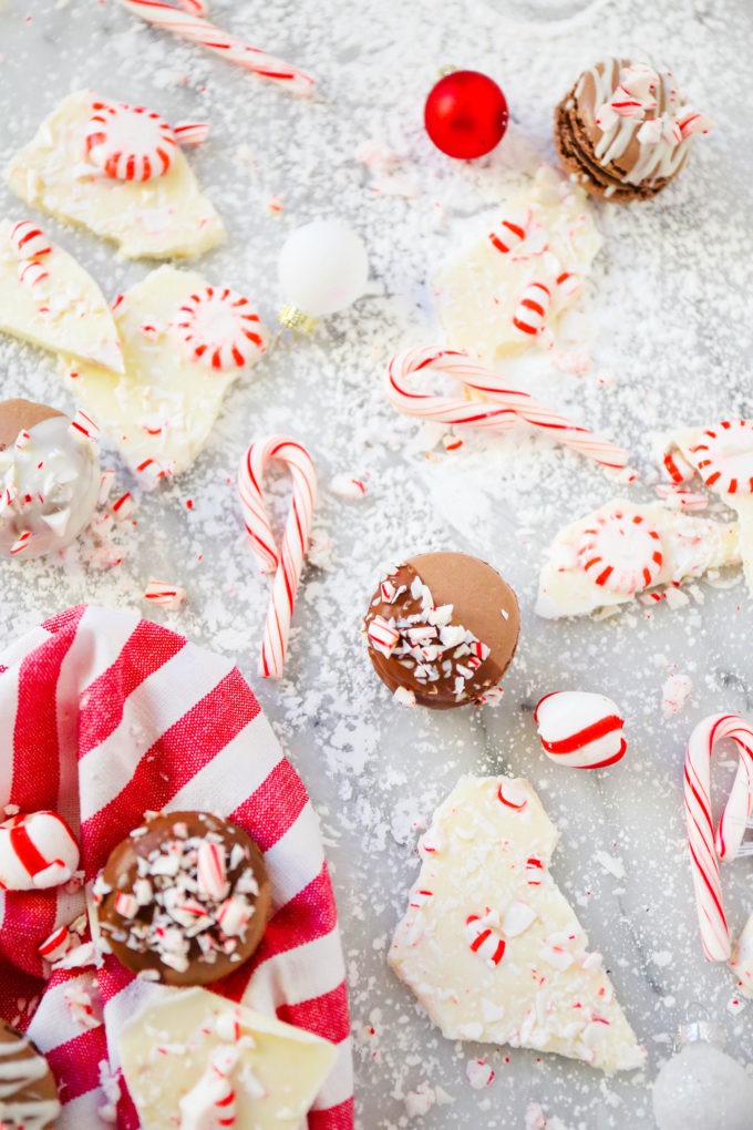 chocolate macarons with crushed peppermint