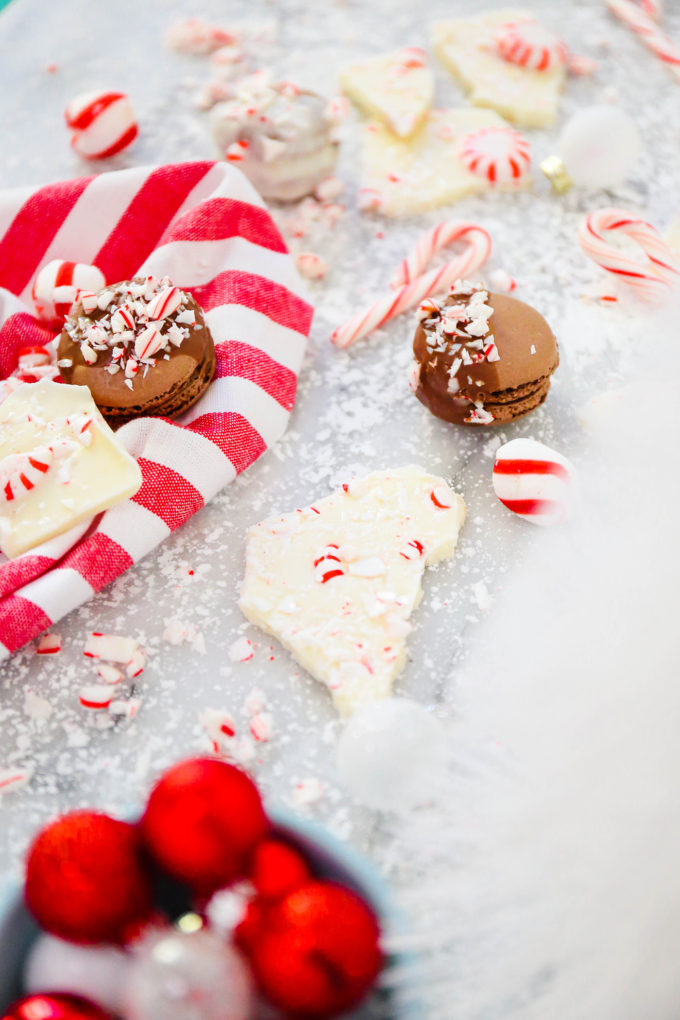 chocolate macarons with crushed peppermint