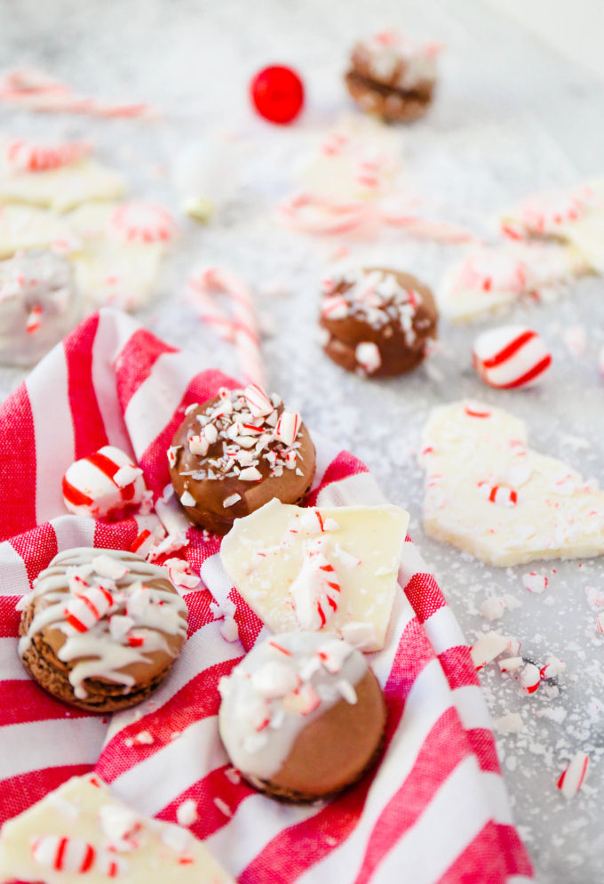 chocolate macarons with crushed peppermint