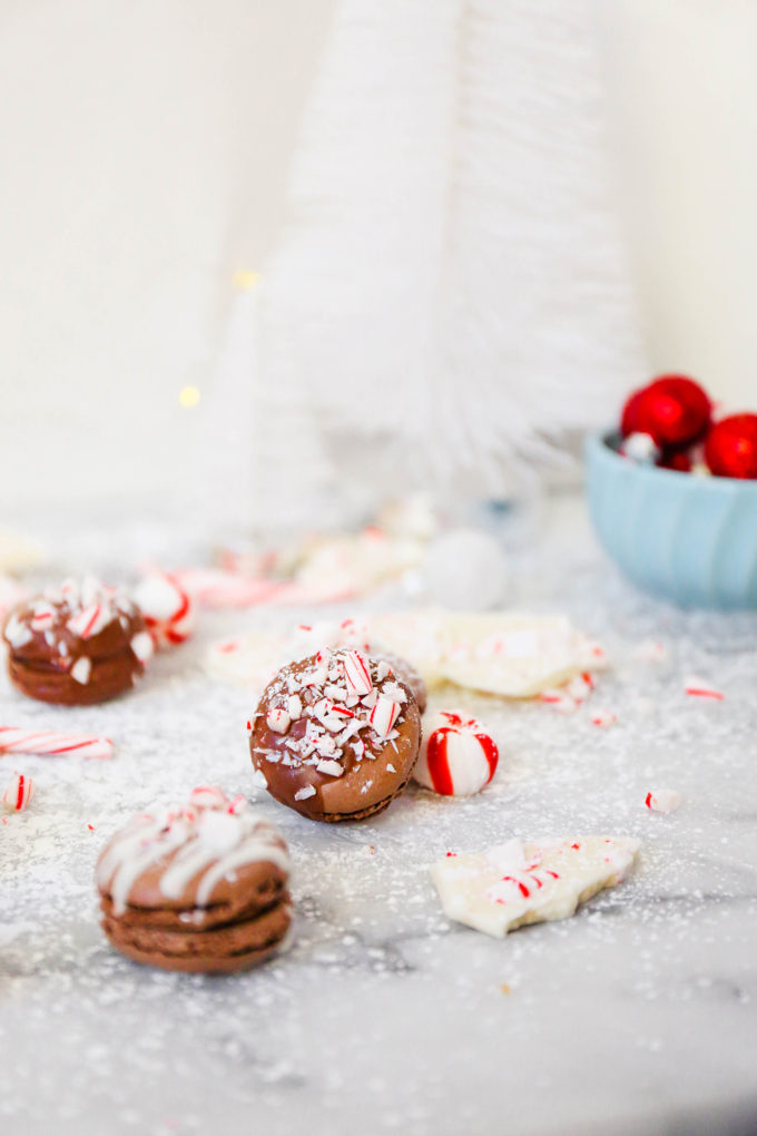 chocolate macarons with crushed peppermint