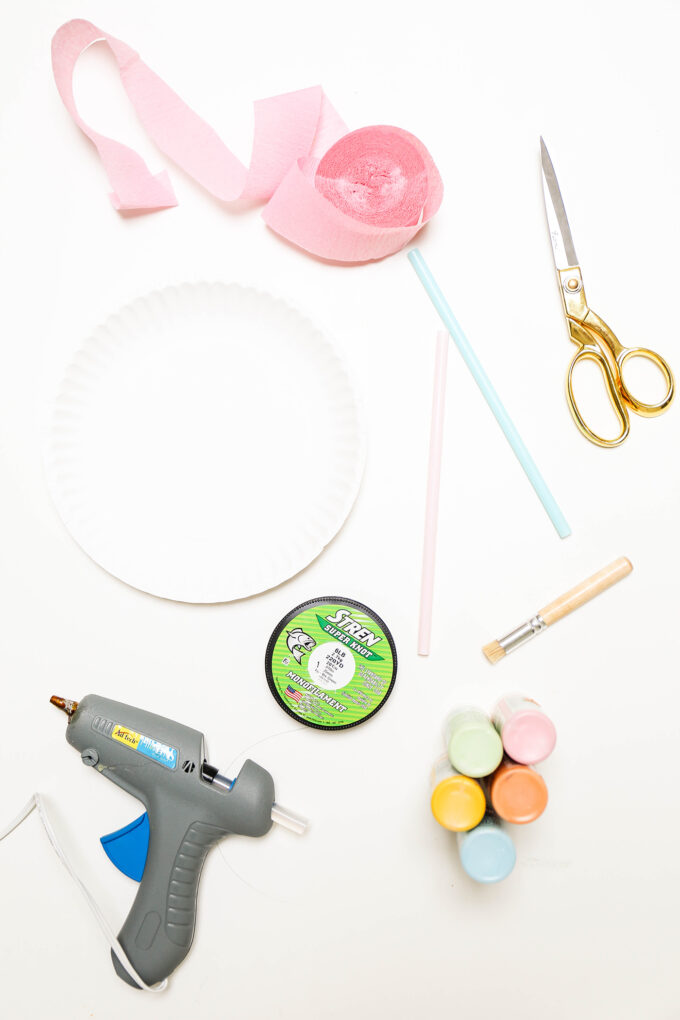 supplies for paper plate rainbow string puppet 