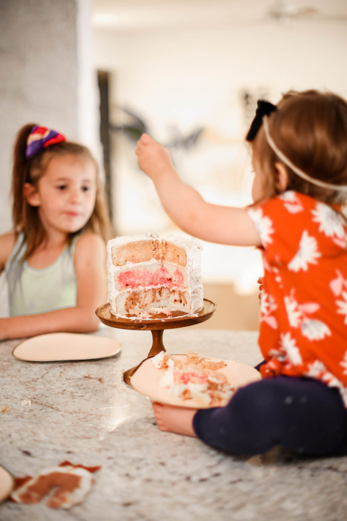 marbled birthday cake on counter 