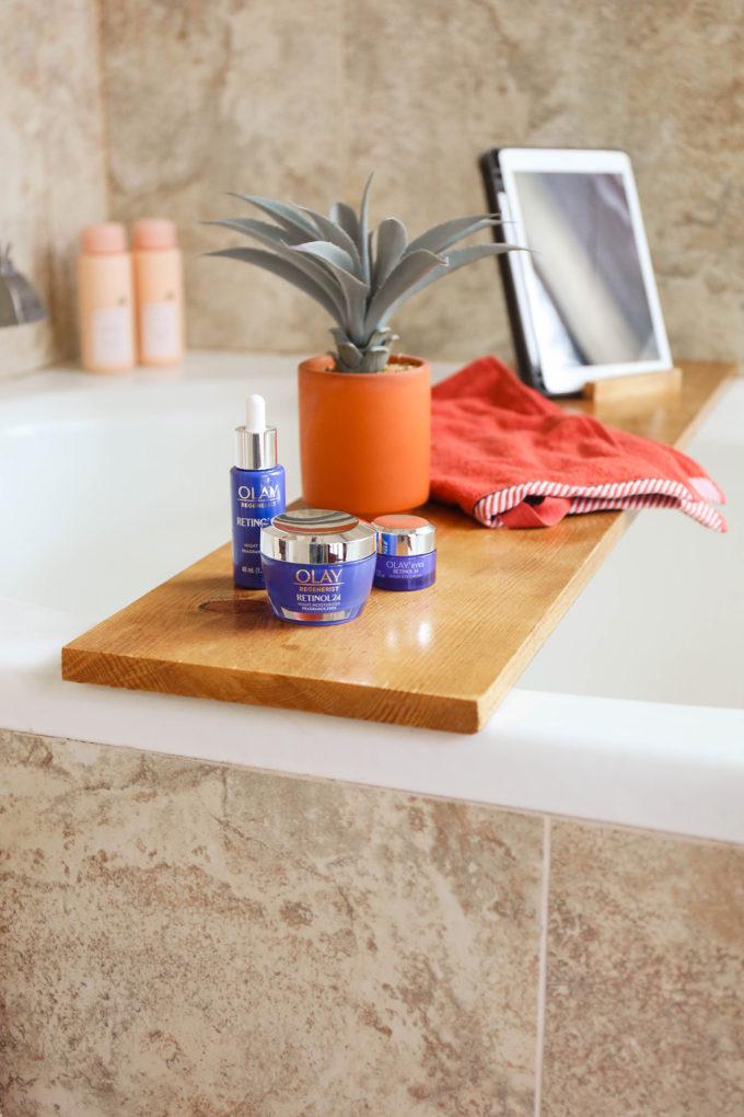 Olay Retinol24 on wooden bath tray 