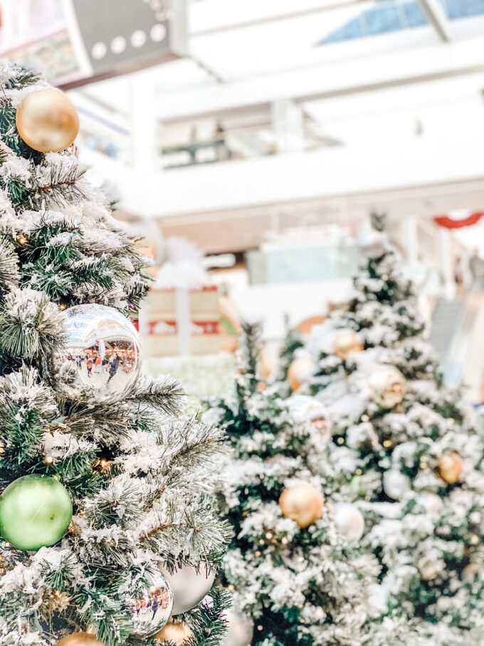 closeup of holiday trees decorated in the mall 