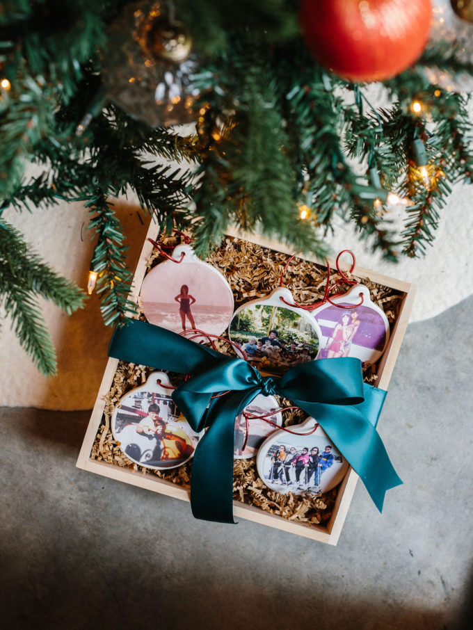 personalized photo ornaments under tree