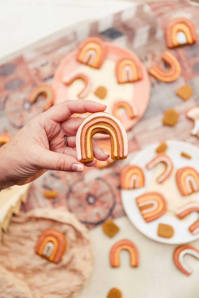 closeup of hand holding Boho Rainbow Gingerbread Cookies