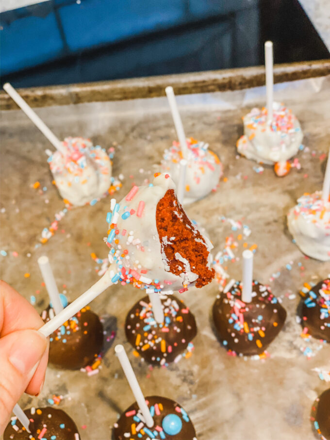 closeup of red velvet cake pop