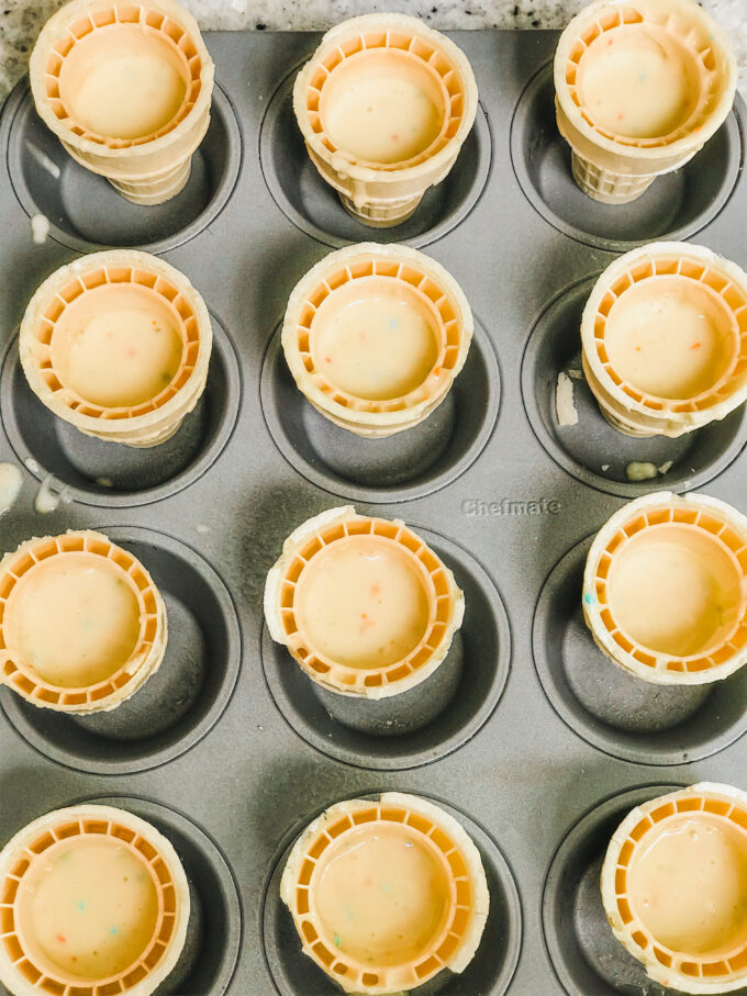 Funfetti Cupcake Cones - closeup of batter filled cones