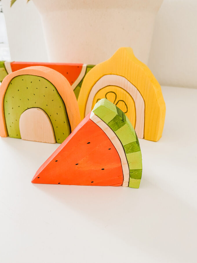 closeup of wooden watermelon stacking toy