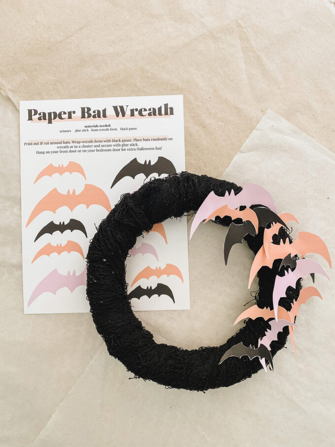 Printable paper bat wreath on flatlay 